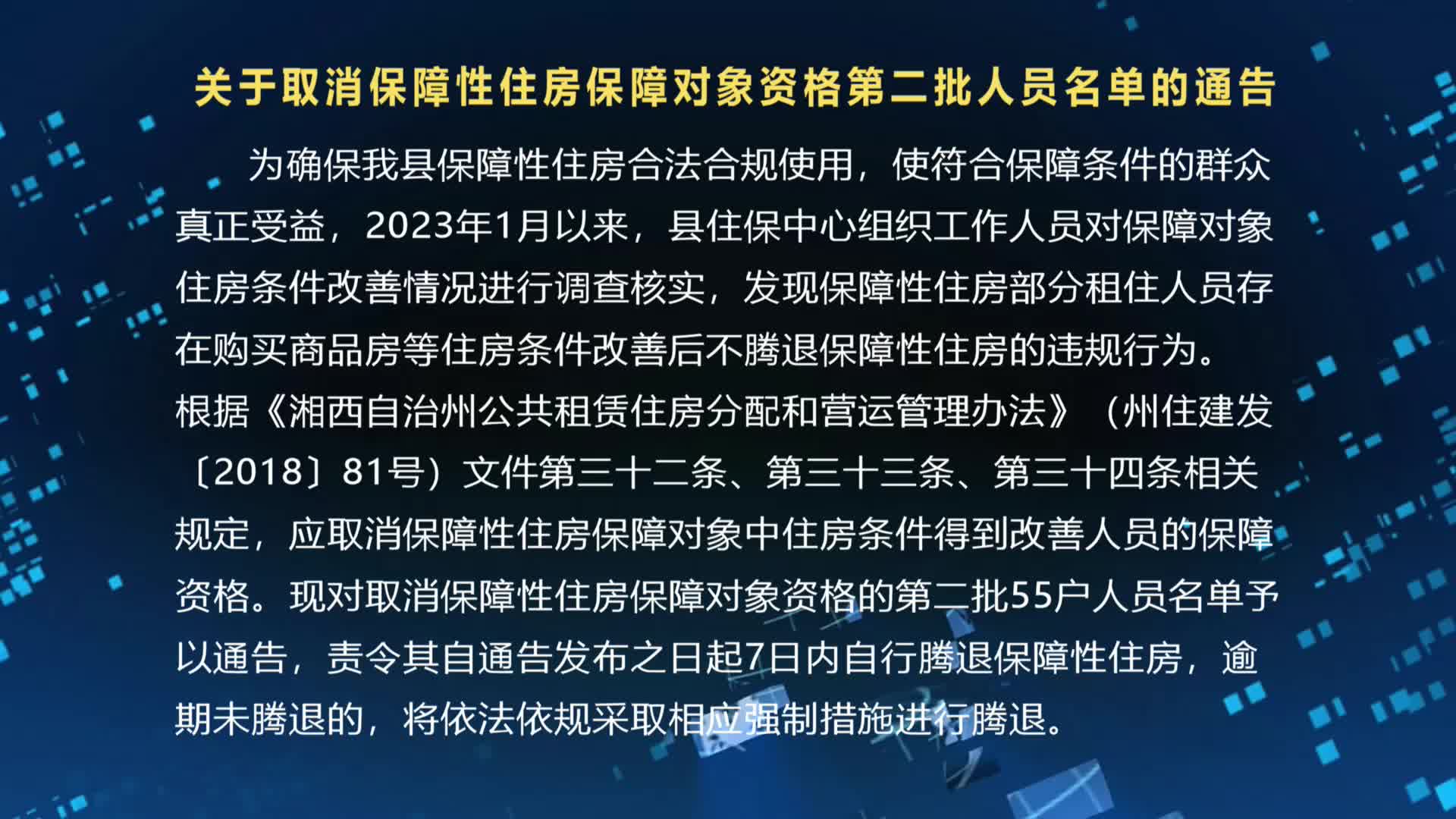 关于取消保障性住房保障对象资格第二批  人员名单的通告